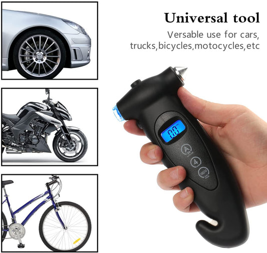 🔥🚘Digital Tire Pressure Gauge, 5 in 1 Rescue Tools of LED Flashlight,Car Window Breaker, Seatbelt Cutter,Red Safety Light and Tire Gauge for Car,Motorcycle 🚘📌