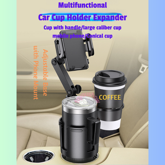 👍 Car Cup Holder Expander Adjustable Base with Phone Mount 360° Rotation Big Cup Holder Cell Phone Holder for Car Compatible with iPhone All Smartphones✨