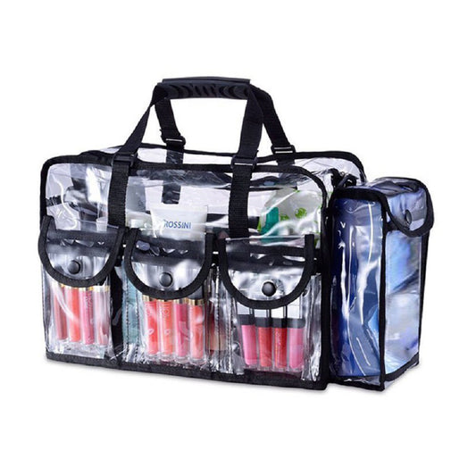 ✨Professional Clear PVC Makeup Kits Organizer Make up Set Bag MUA Carry All Artist Transparent Vinyl Travel Cosmetic Bag with 6 External Pockets & Tissue Holder✨